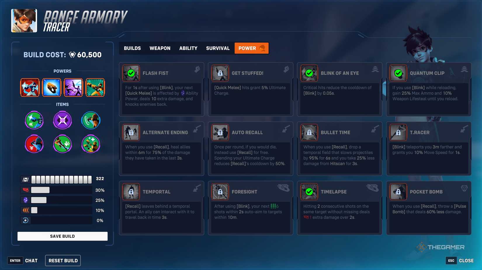 Tracer selected on screen in the Stadium mode in Overwatch 2.