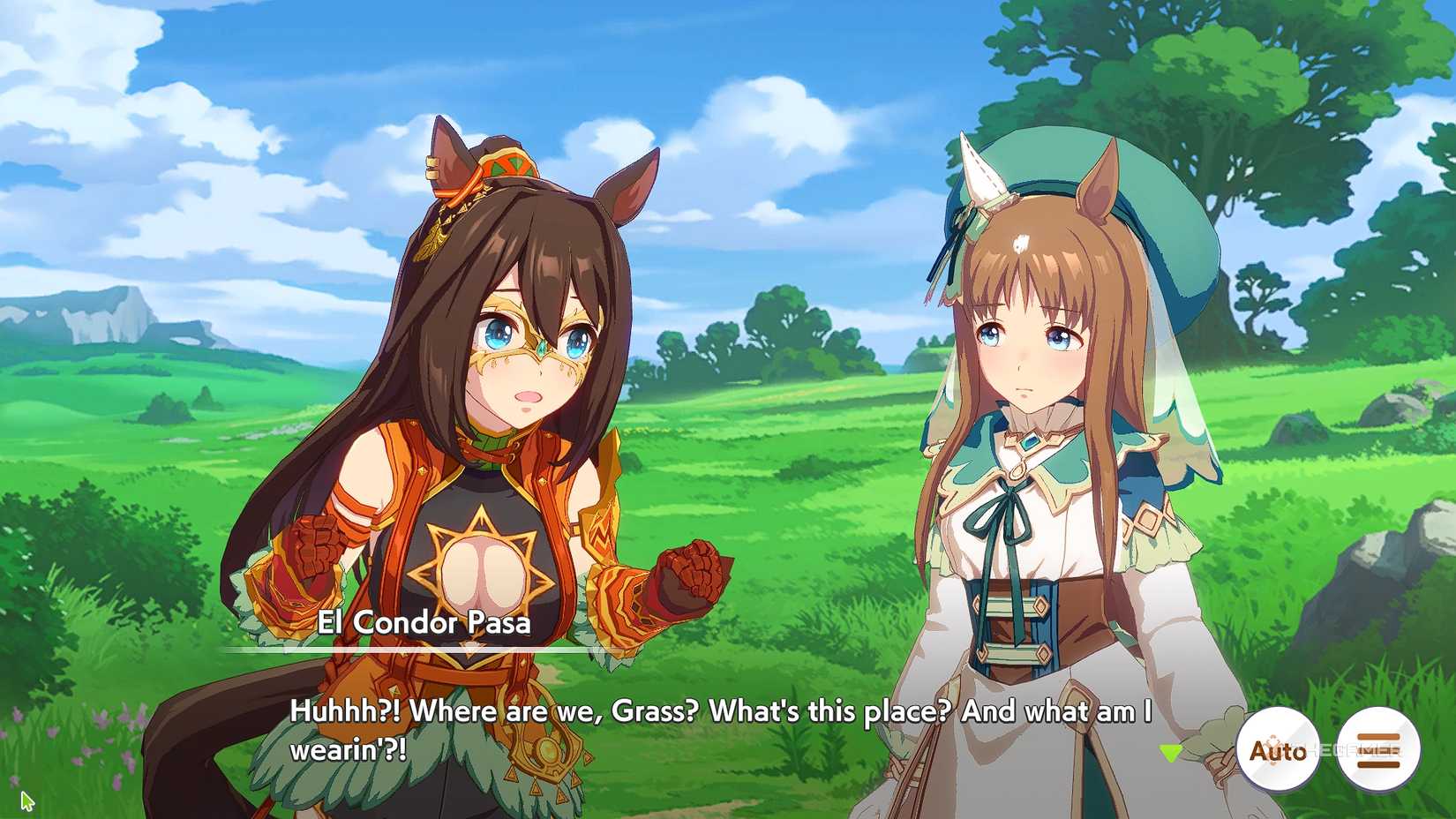 Umamusume Pretty Derby Kukulkan Warrior El Condor Pasa and Saintly Jade Cleric Grass Wonder in a field.