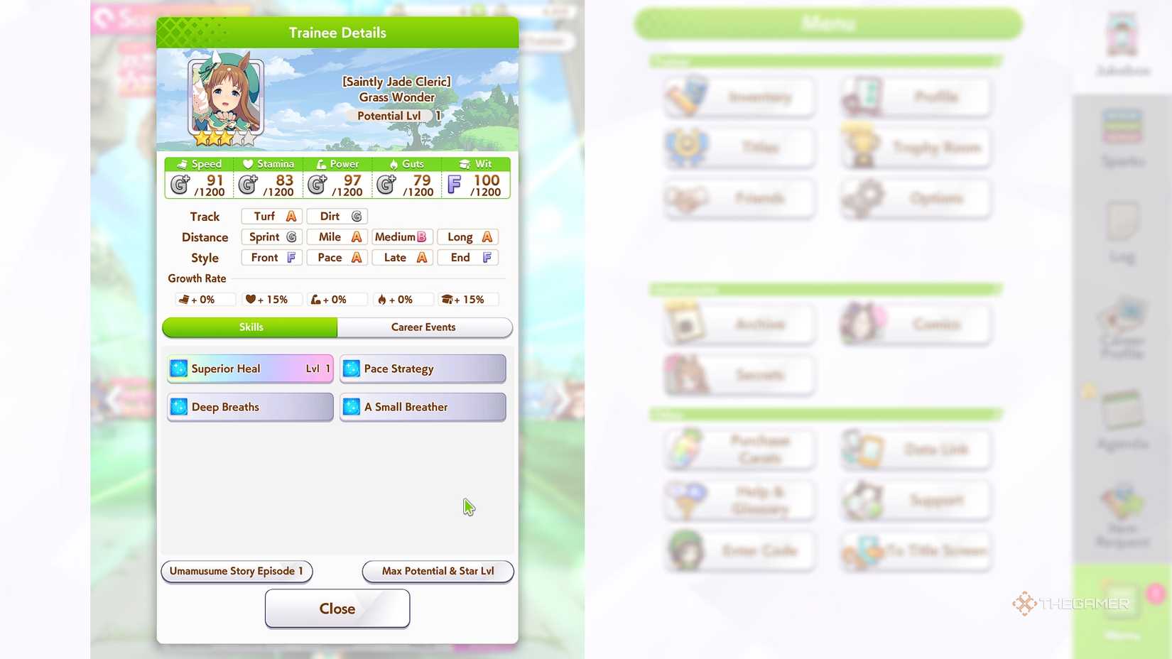 Umamusume Pretty Derby Saintly Jade Cleric Grass Wonder stats.