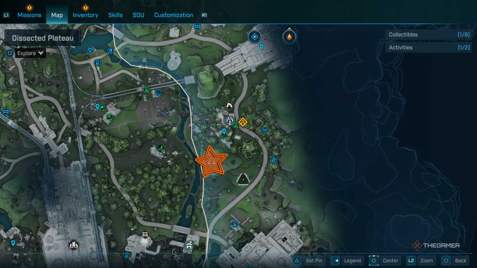 Close up of the Dissected Plateau region of Kairos with an orange star edited onto the Vault Location in Borderlands 4.