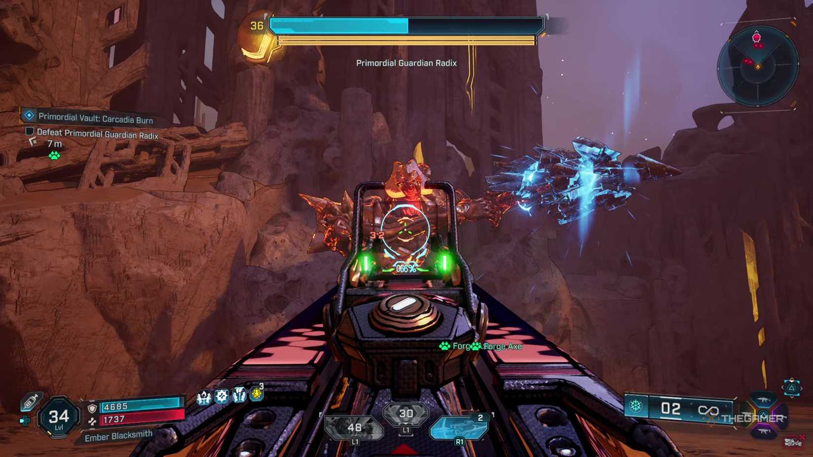 Amon aiming and firing at Radix while it charges up a laser with its drill arm in Borderlands 4.