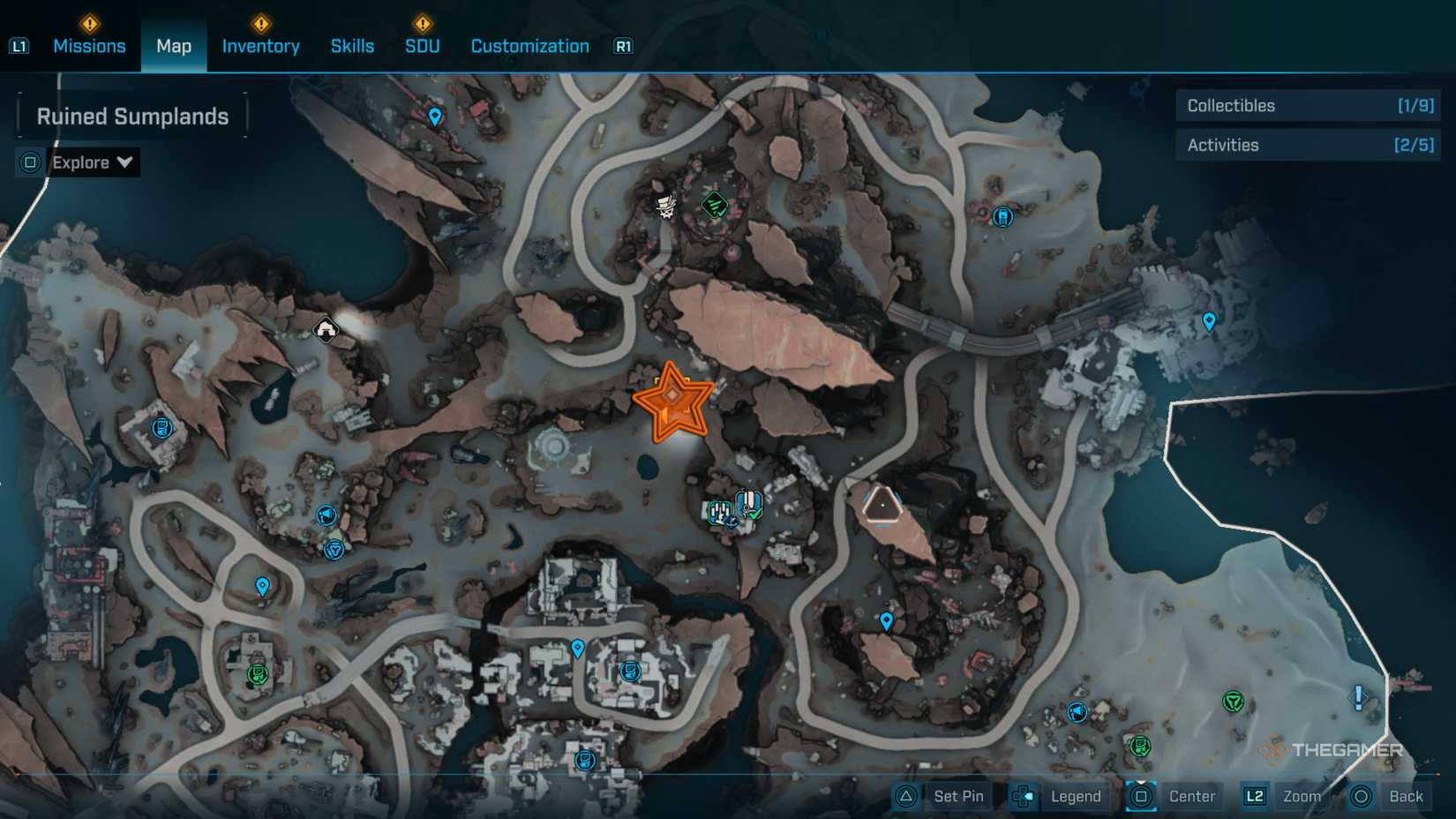 Close up of the Ruined Sumplands region of Carcadia Burns with an orange star edited onto the Rumbling Cleft's location in Borderlands 4.