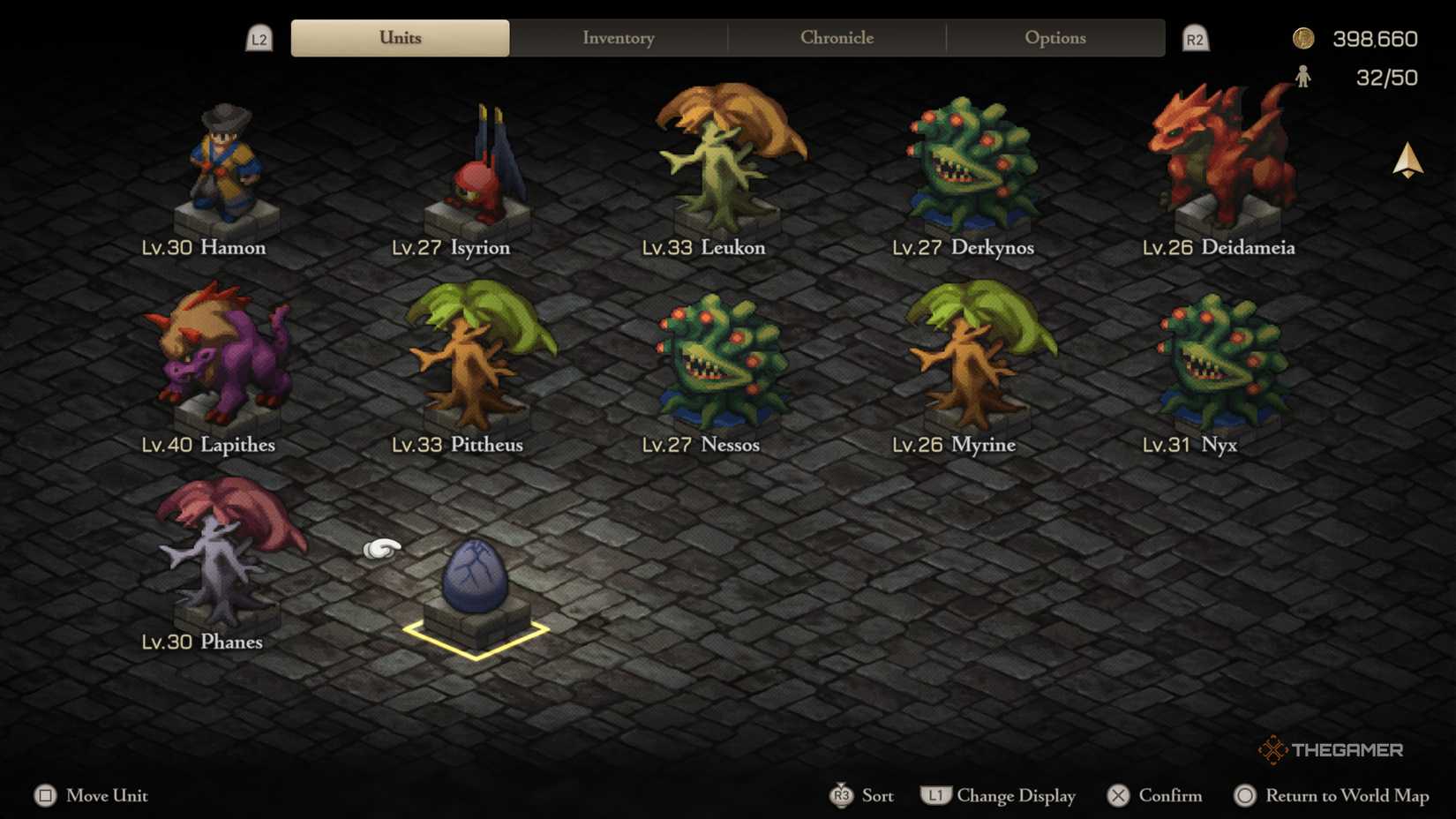 A party menu filled with monsters and eggs in Final Fantasy Tactics The Ivalice Chronicles.