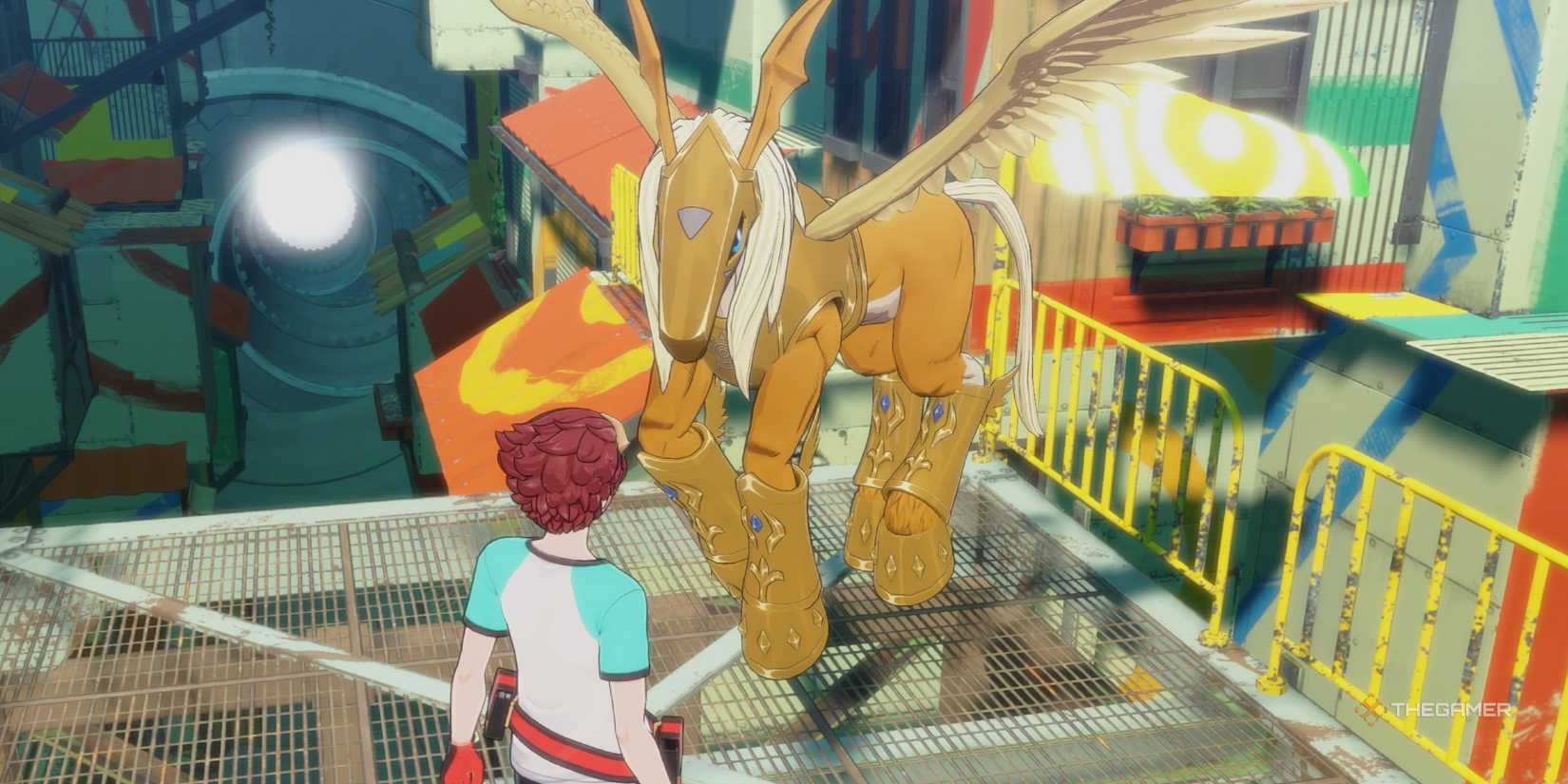 Male ADAMAS Agent and Pegasusmon speaking to each other in Central Town in Digimon Story: Time Stranger.