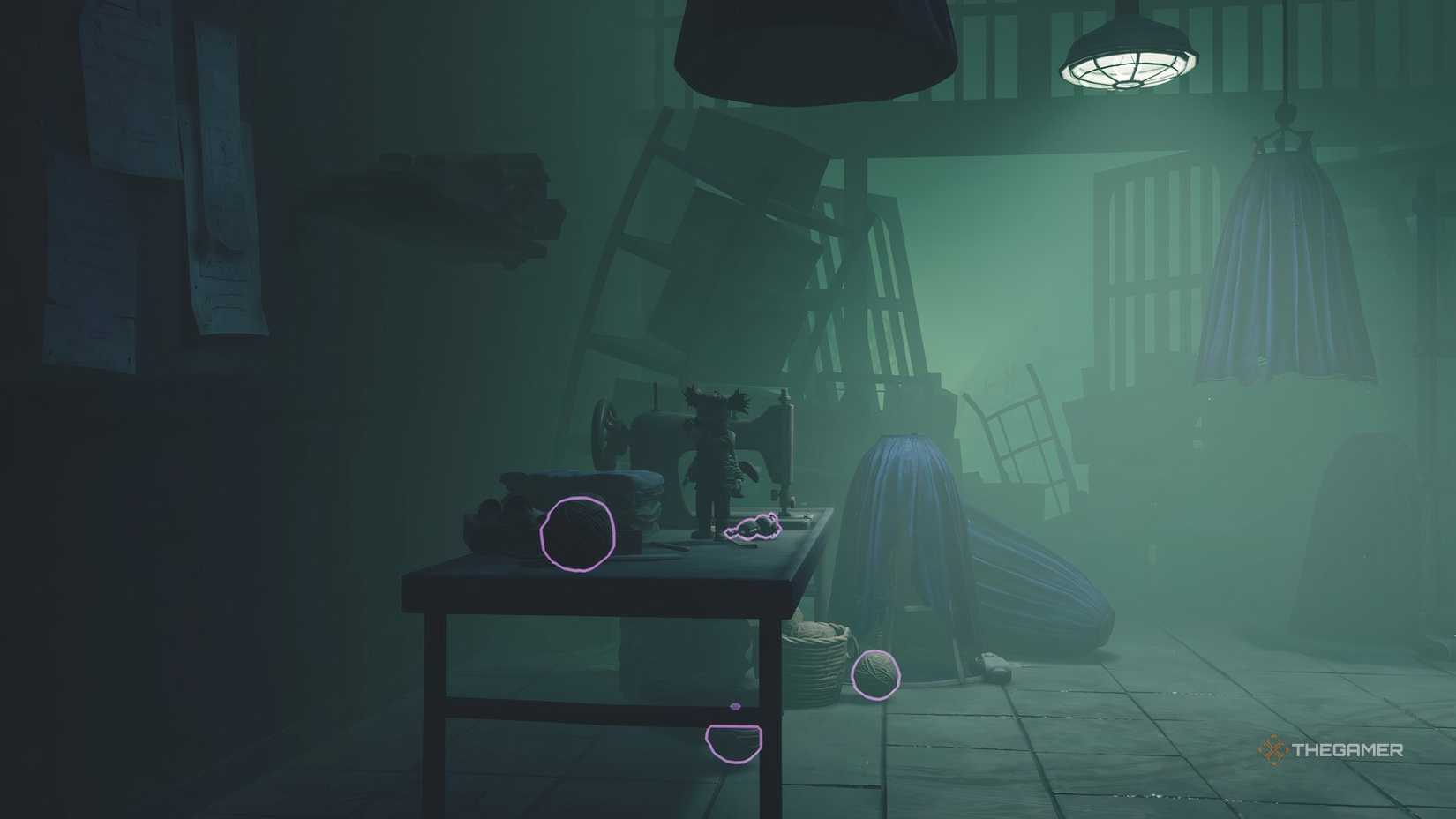 Alone collecting a doll by a sewing maching in Little Nightmares 3.