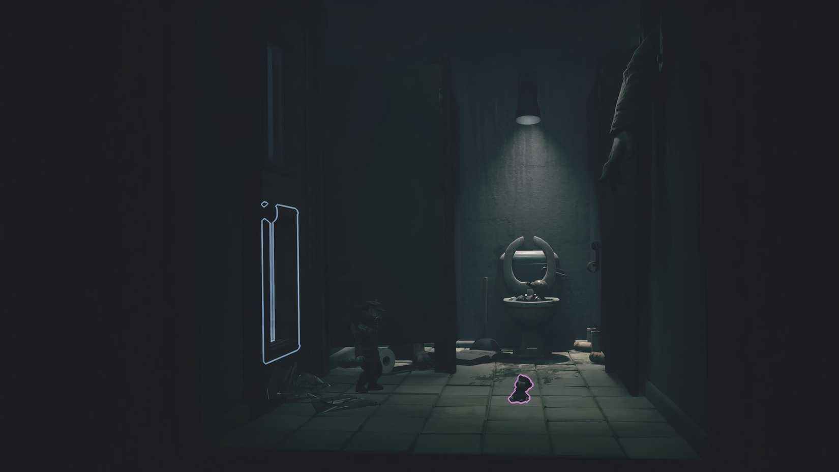 20251007201831_1Alone collecting a doll from the floor of a bathroom in Little Nightmares 3 Chapter 3.