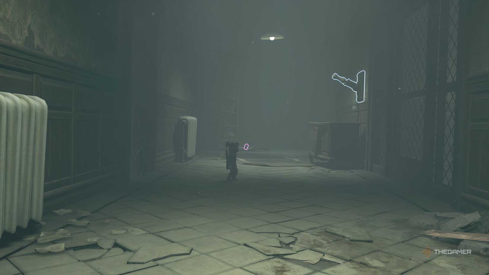 Alone standing in a hall with a lever and a doll in Little Nightmares 3.
