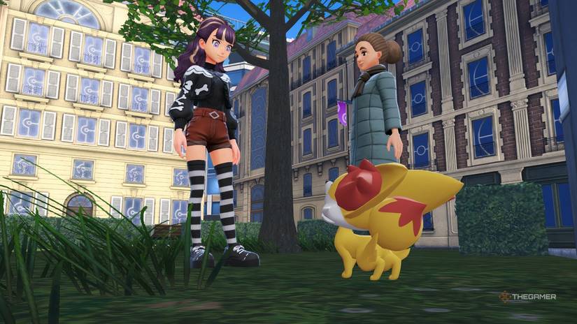 Fennekin looking up at a trainer and Branche in Pokemon Legends Z-A.