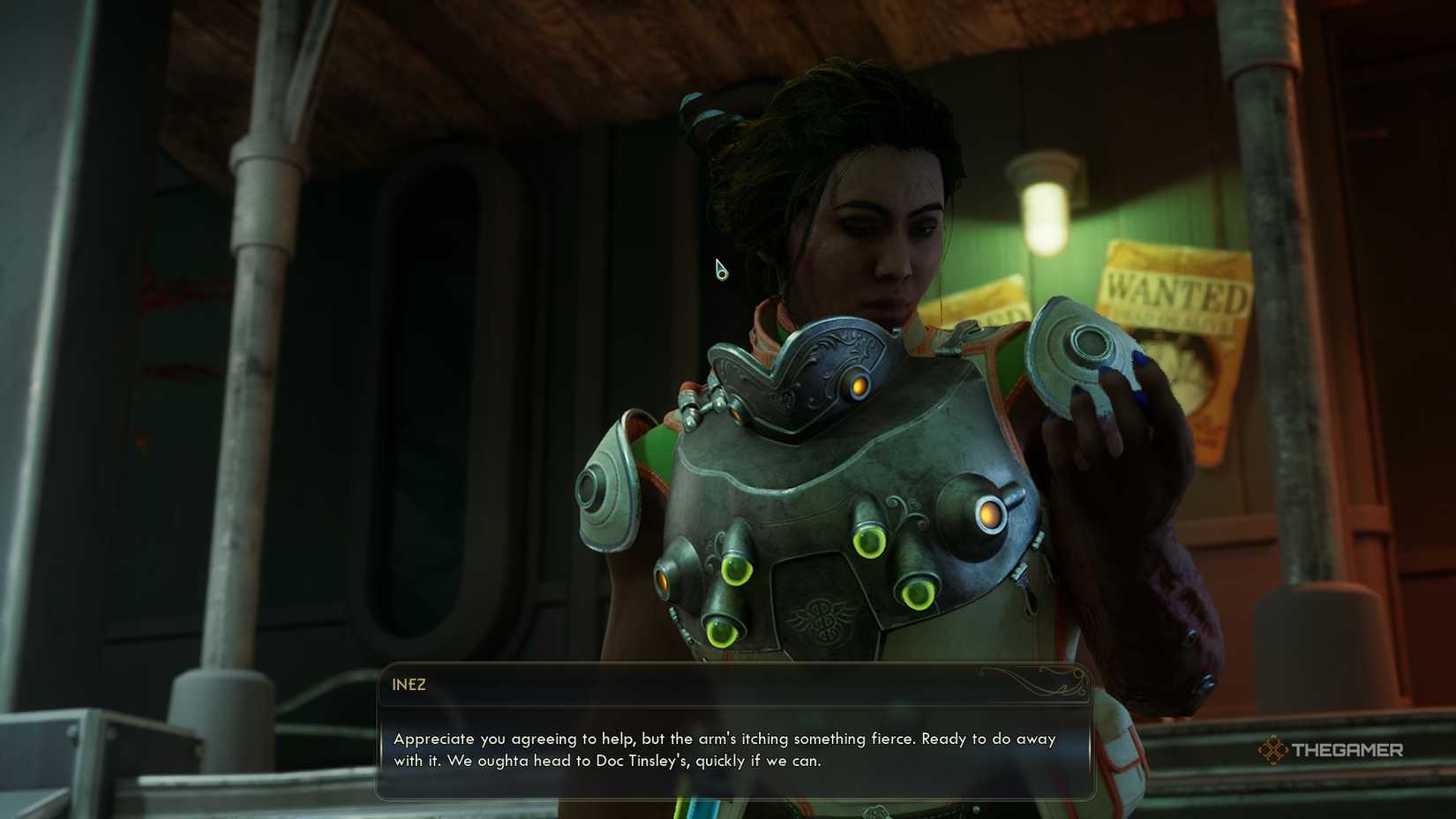 Inez speaking with the player in The Outer Worlds 2, asking for help with her arm