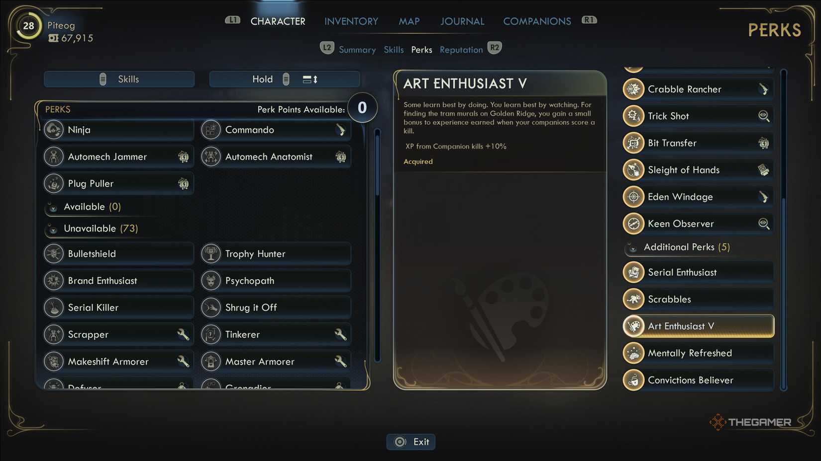 The fully upgraded Art Enthusiast perk in The Outer Worlds 2.