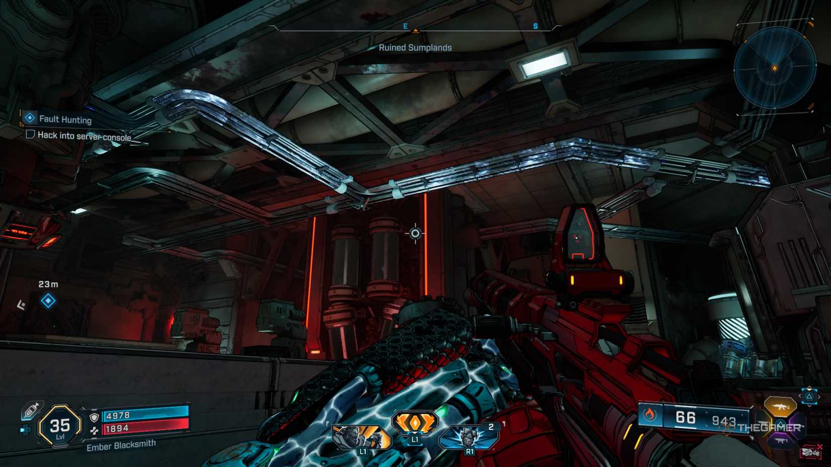 Amon looking up at a series of connected pipes that are blue from electricity in Borderlands 4.