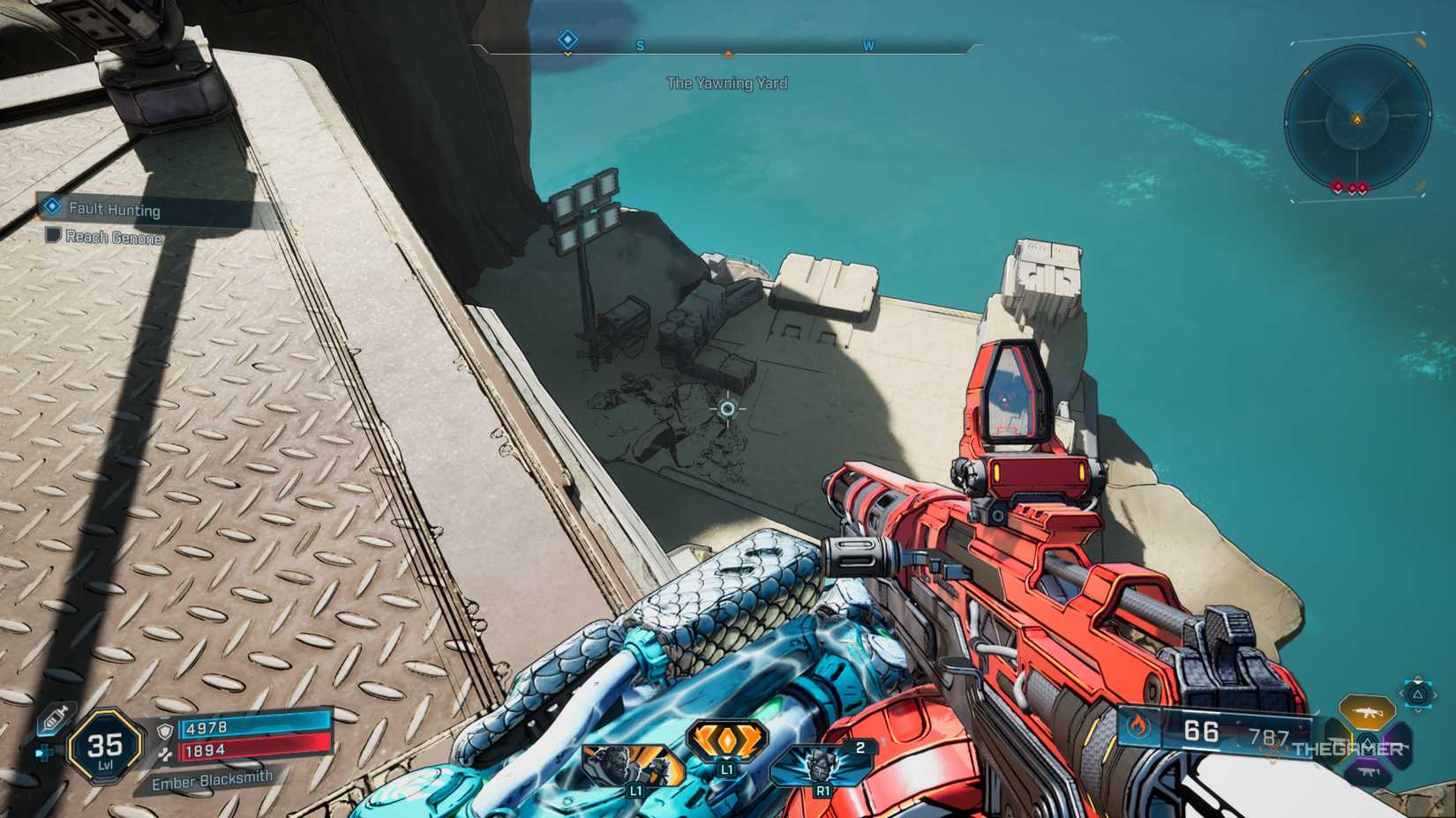 Amon looking off a crane platform to a lower platform closer to the sea in Borderlands 4.