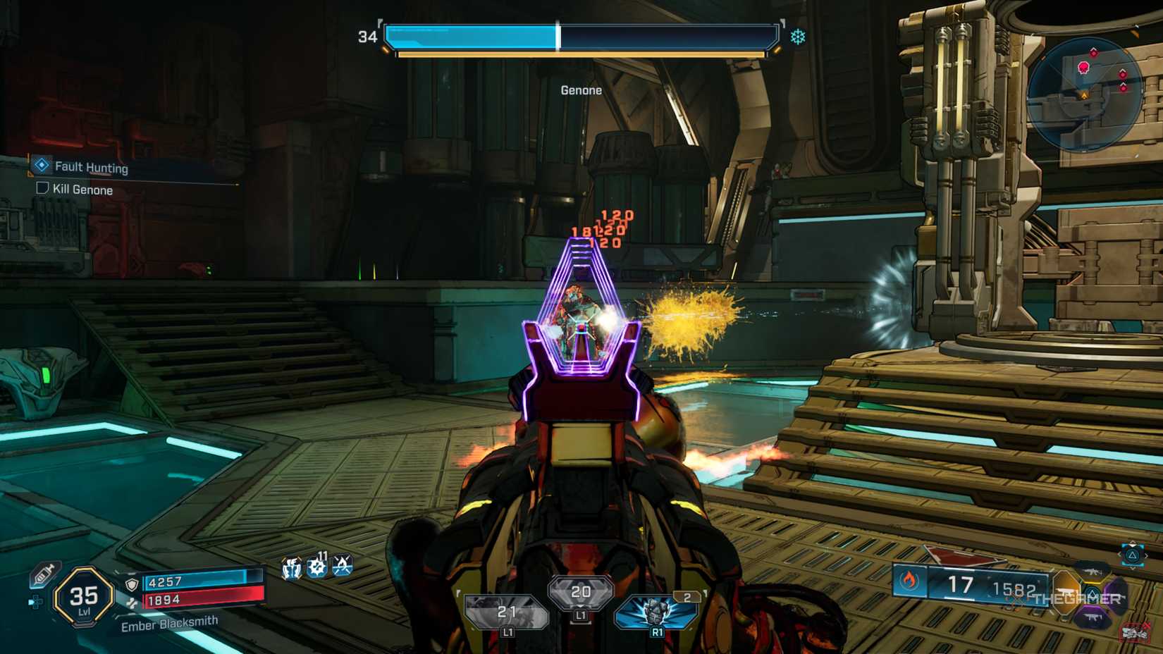 Amon firing at Genome and doing Incendiary damage in a large room in Borderlands 4.