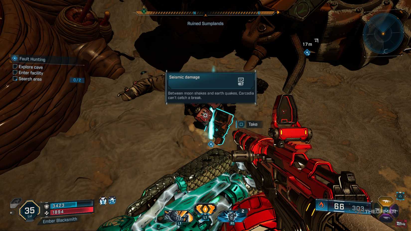Amon examing a damaged Transponder next to a body buried in dirt in Borderlands 4.