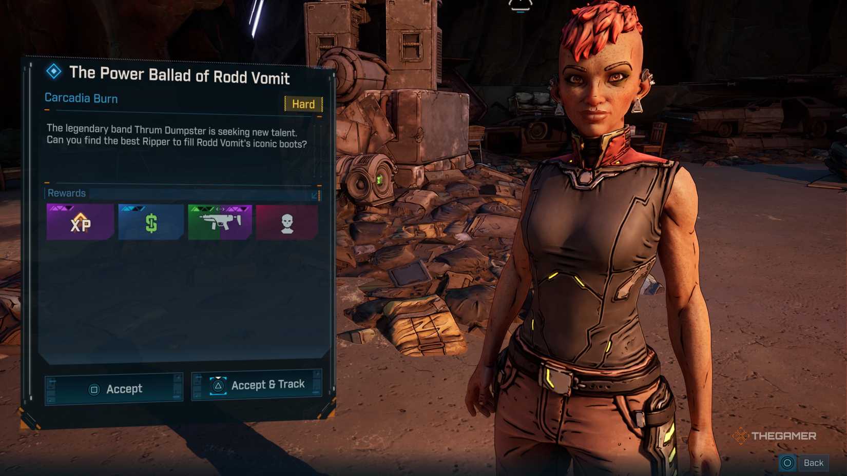 Side Mission accepting screen for The Ballad of Rodd Vomit, showing the quest giver Lisa and the quest's rewards in Borderlands 4.