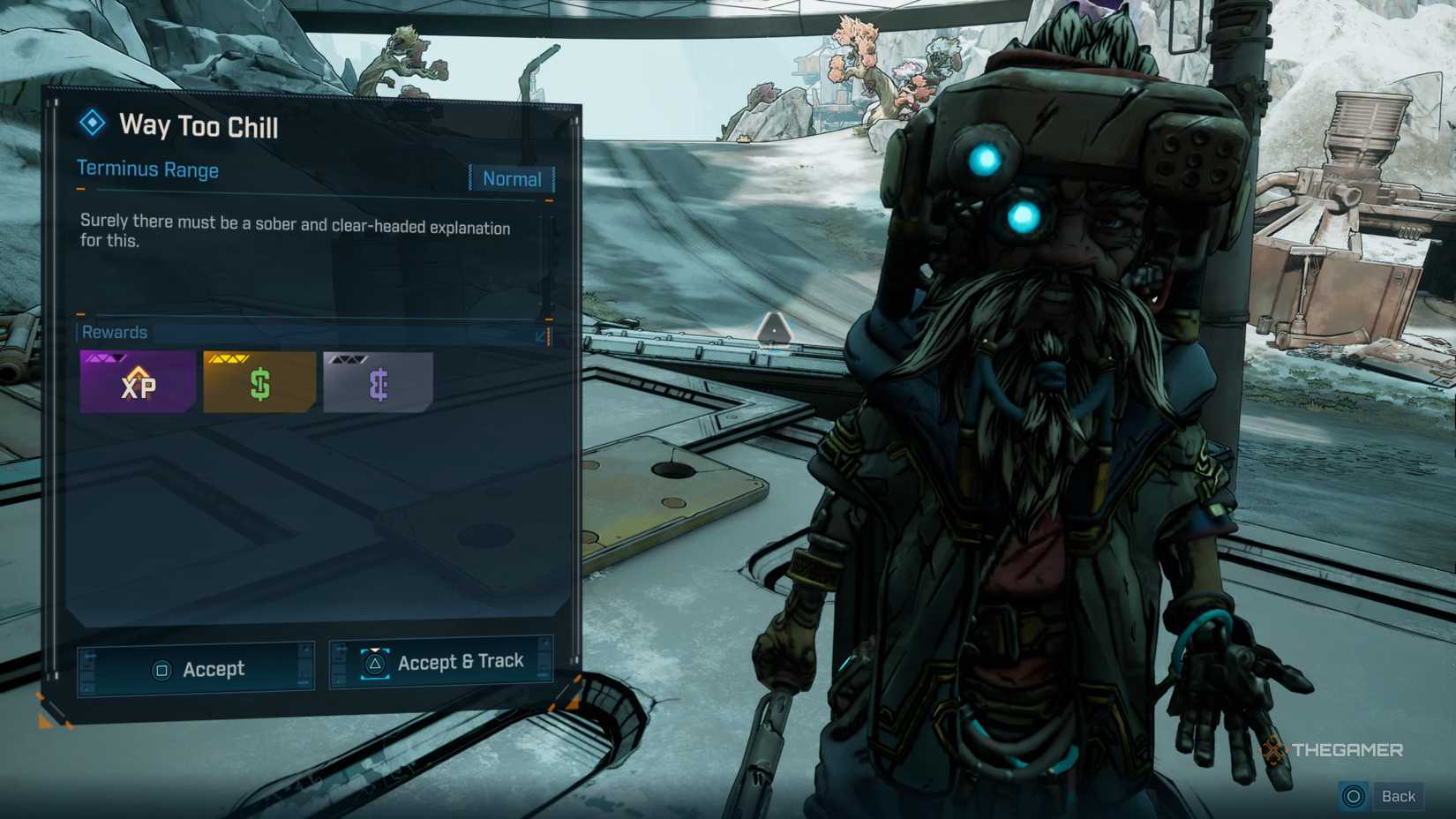 Side Mission accepting screen for Way Too Chill, showing the quest giver Defiant Calder and the quest's rewards in Borderlands 4.