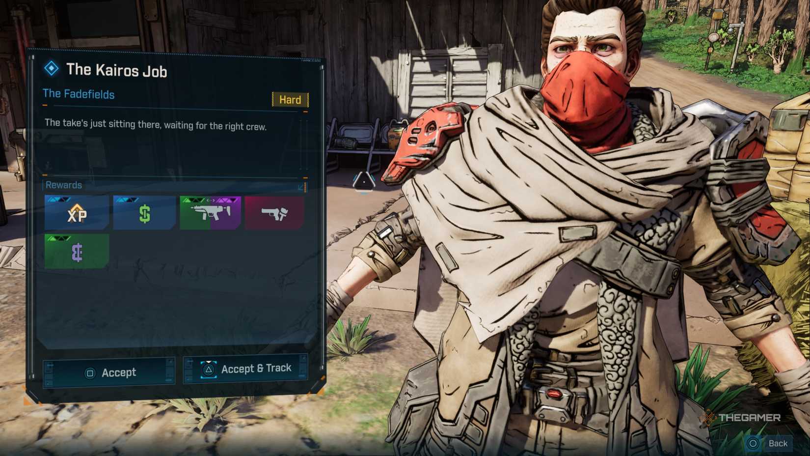 Side Mission accepting screen for the Kairos Job, showing the quest giver Shim and the quest's rewards in Borderlands 4.