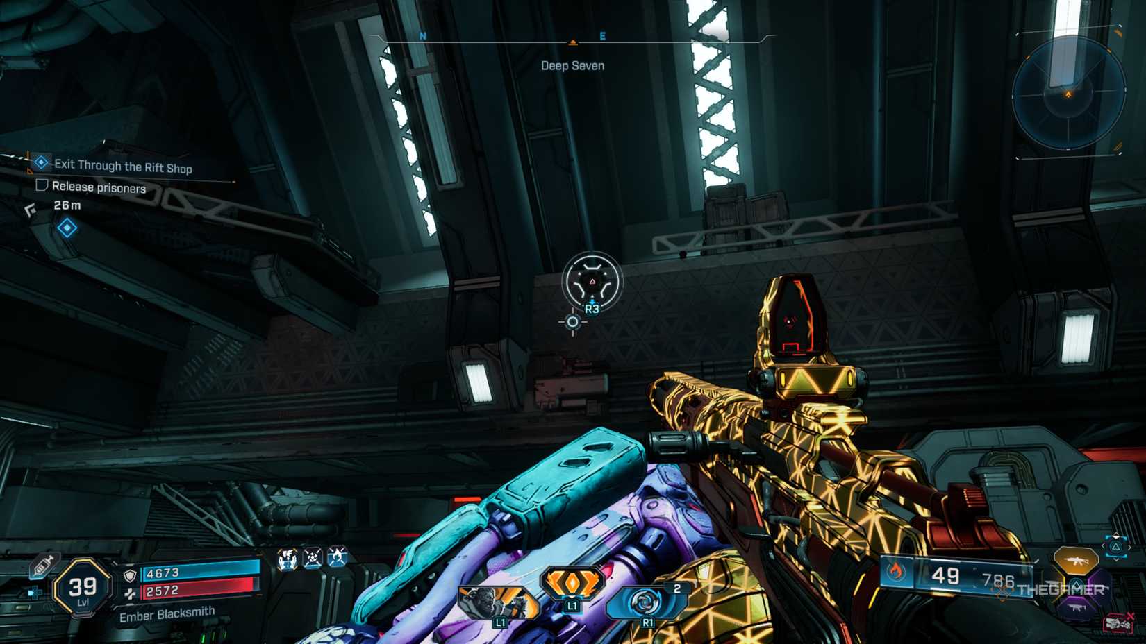 Amon looking up at a grapple point above transparent red walls that leads to prisoner cells in Borderlands 4.