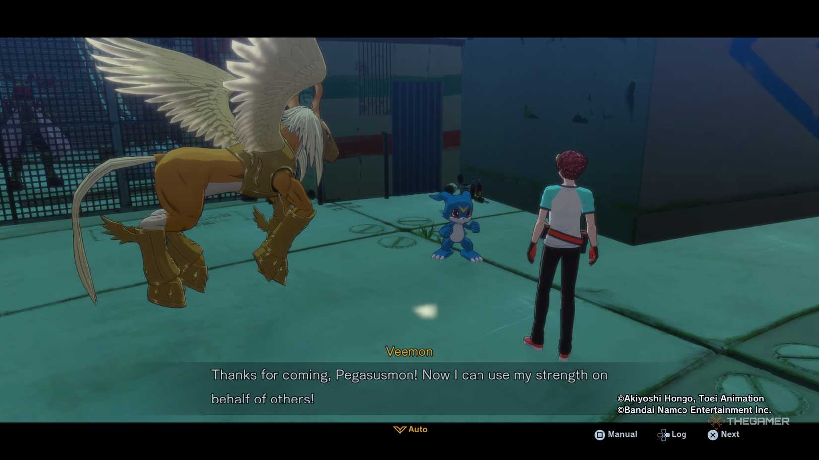 Male ADAMAS agent and Pegasusmon delivering a Digi-Egg to Veemon in Digimon Story: Time Stranger.