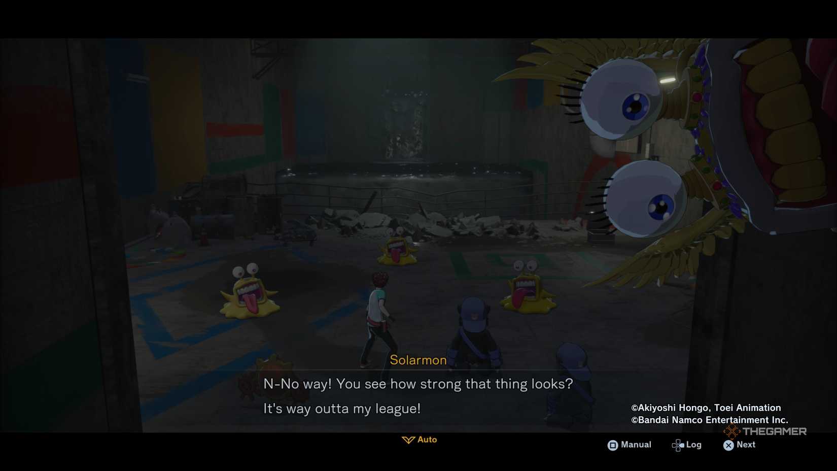 Agent, the Bearmon Brothers, and Solarmon confronting three Geremon while PlatinumNumemon crawls in the background in Digimon Story: Time Stranger.