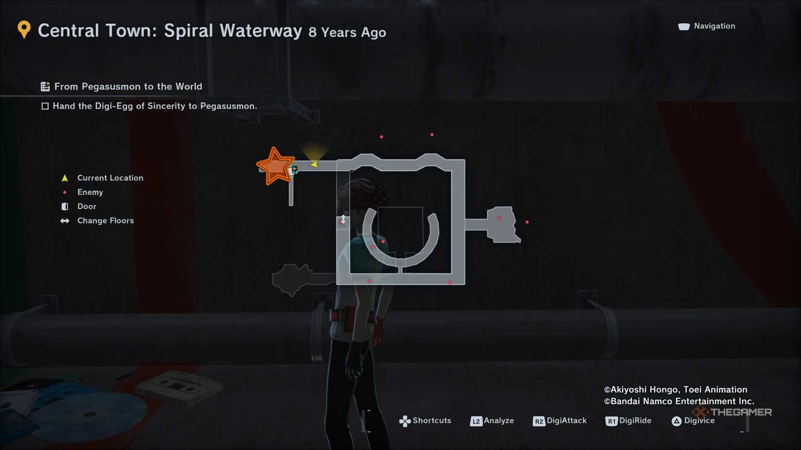 Map of the first floor of Central Town: Spiral Waterway with an orange star edited onto where PlatinumNumemon is in Digimon Story: Time Stranger.