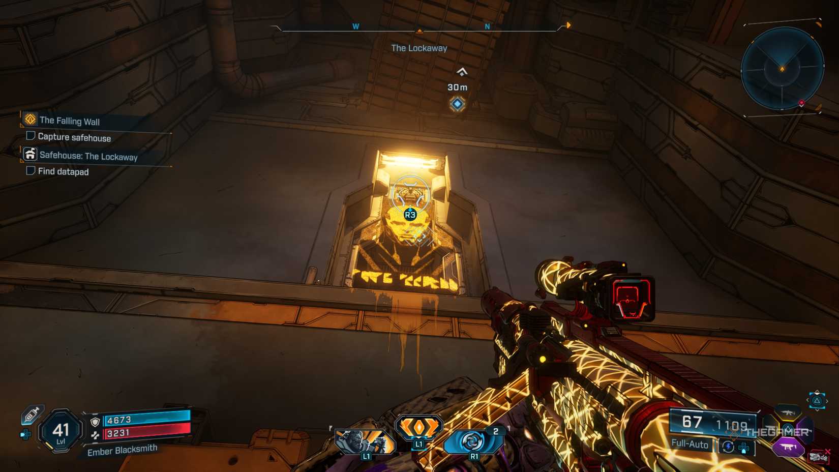 Amon looking up at a Grapple point attached to a digital tapestry of the Timekeeper in Borderlands 4.