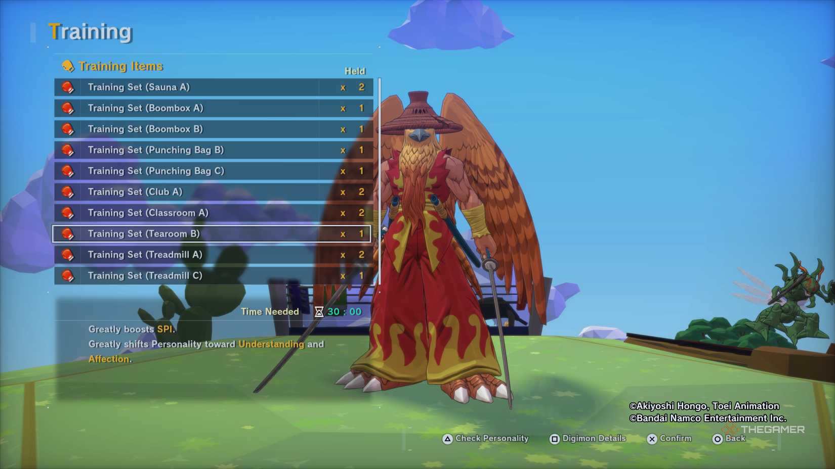 Training menu at the Digi-Farm featuring Buraimon about to be trained with a Tearoom B in Digimon Story: Time Stranger.