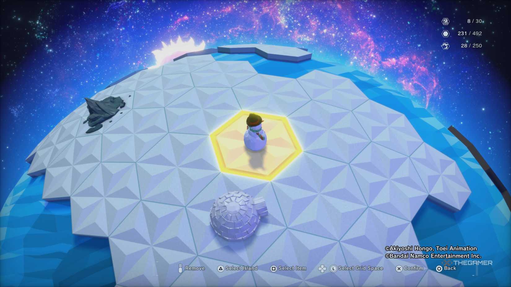 Highlighted Snowman decoration on a snow island tile in the Digi-Farm in Digimon Story: Time Stranger.