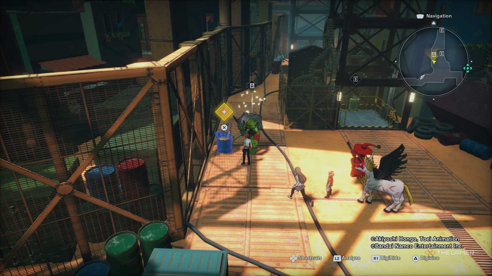 Male ADAMAS Agent, Iori, Aegiomon, and other Digimon standing near a material pile in Central Tower in Digimon Story: Time Stranger.