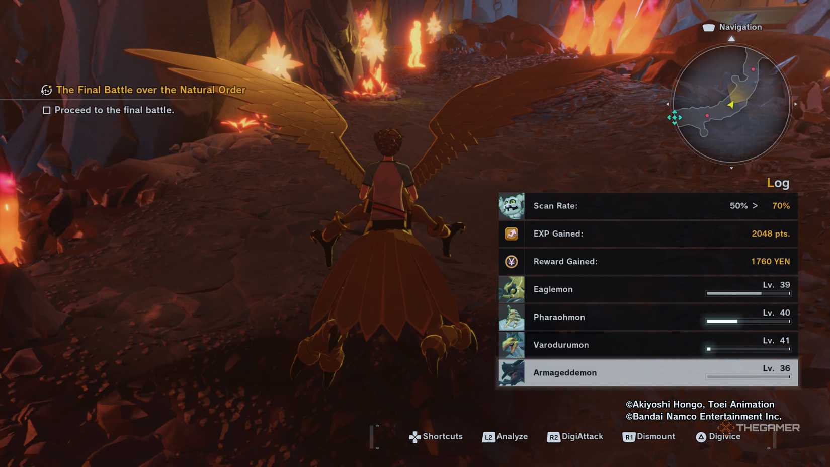 Player character riding Eaglemon while a list appears on the screen showing EXP and Yen obtained from a battle in Digimon Story: Time Stranger.