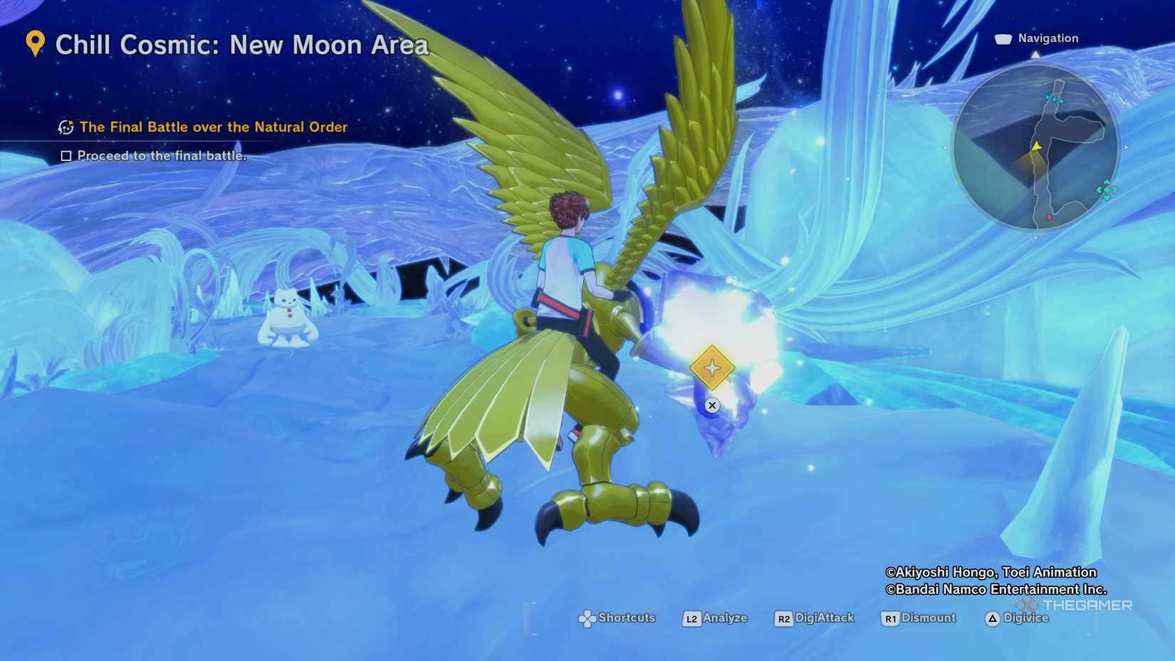 Player character riding an Eaglemon and floating by a material deposit crystal in Chill Cosmic in Digimon Story: Time Stranger.