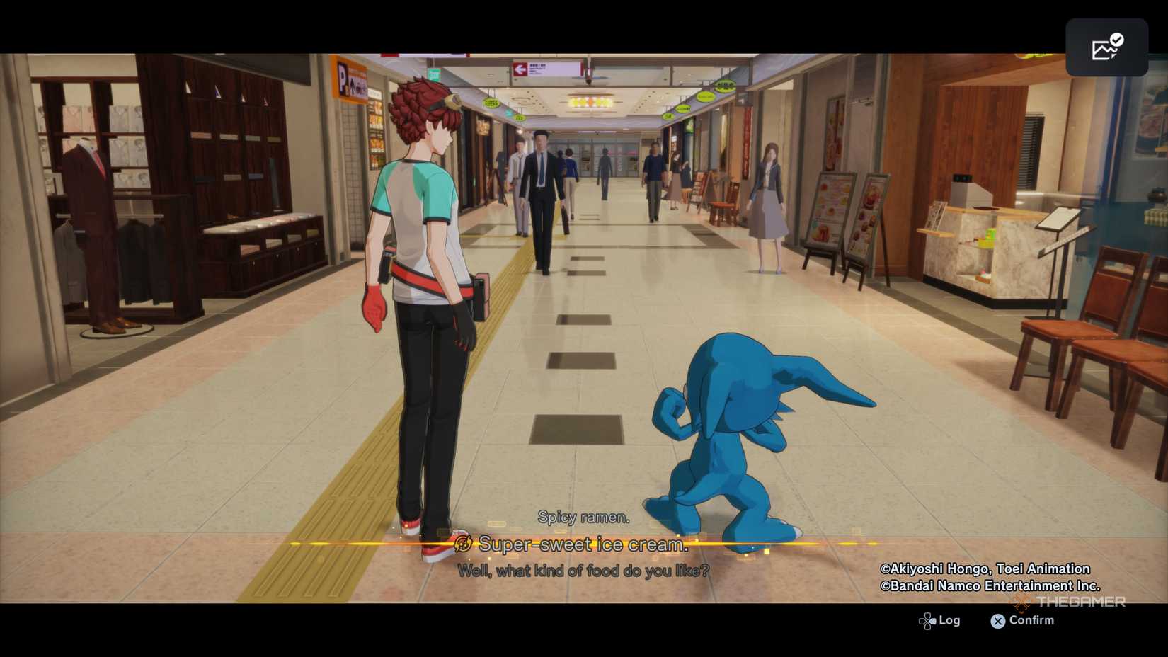 Player character and Veemon deciding on a food to eat during a side mission in Digimon Story: Time Stranger.