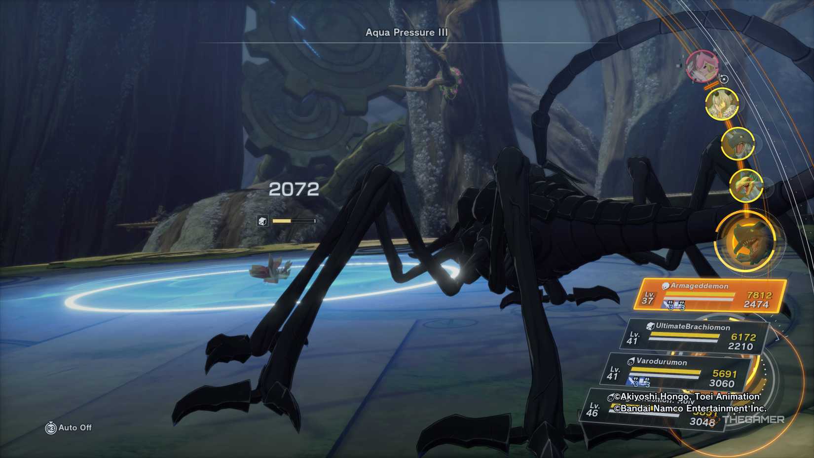 Apocalymon using Aqua Pressure to defeat a Lilamon in battle in Gear Forest in Digimon Story: Time Stranger.