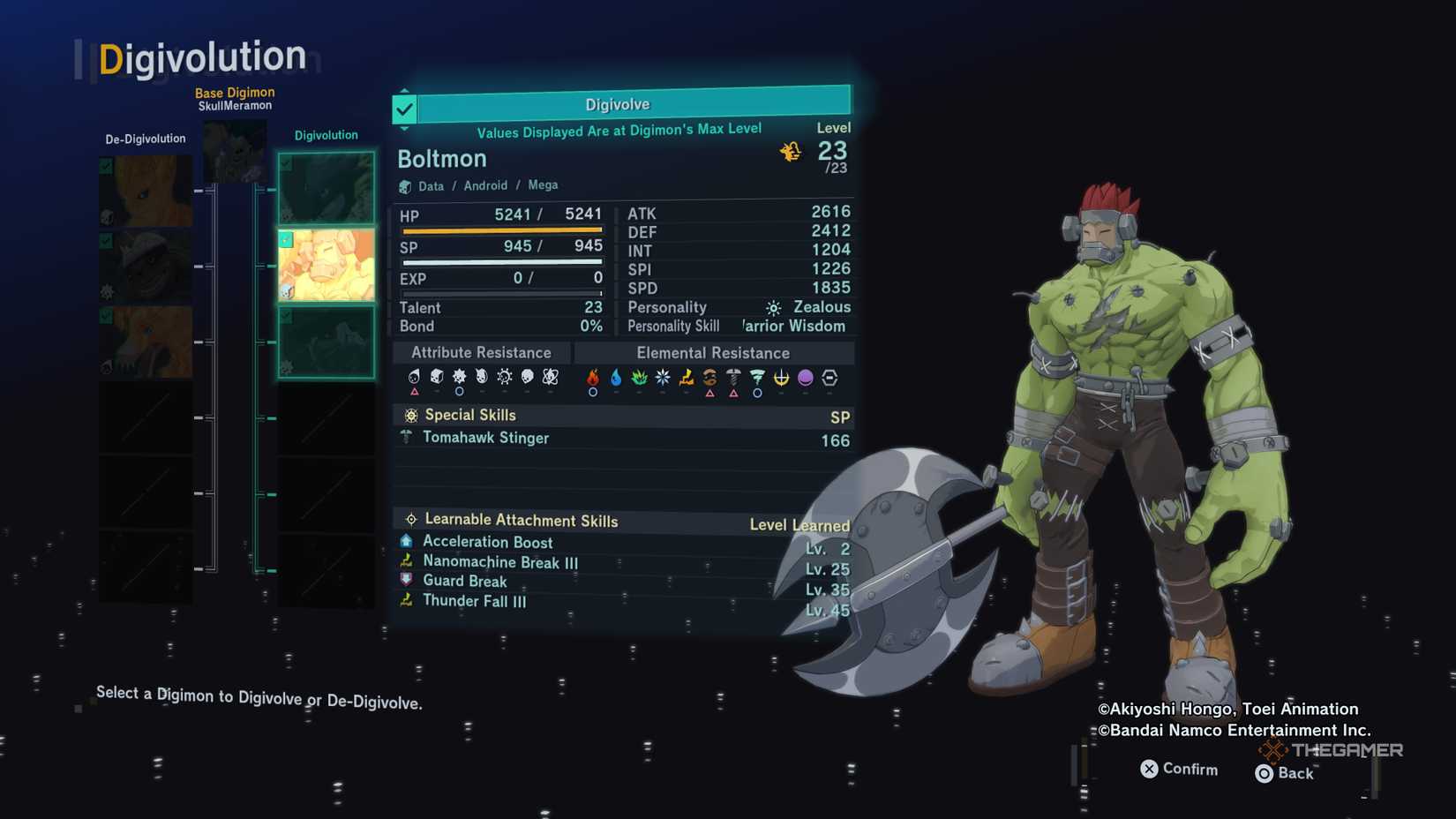 Digivolution screen for Boltmon showing its stats, level, special skills, and the moves it learns in Digimon Story: Time Stranger.