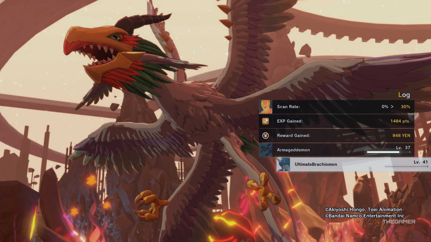 Varodurumon posing at the result's screen of a battle while a menu shows Scan Rate gained for Meramon in Digimon Story: Time Stranger.