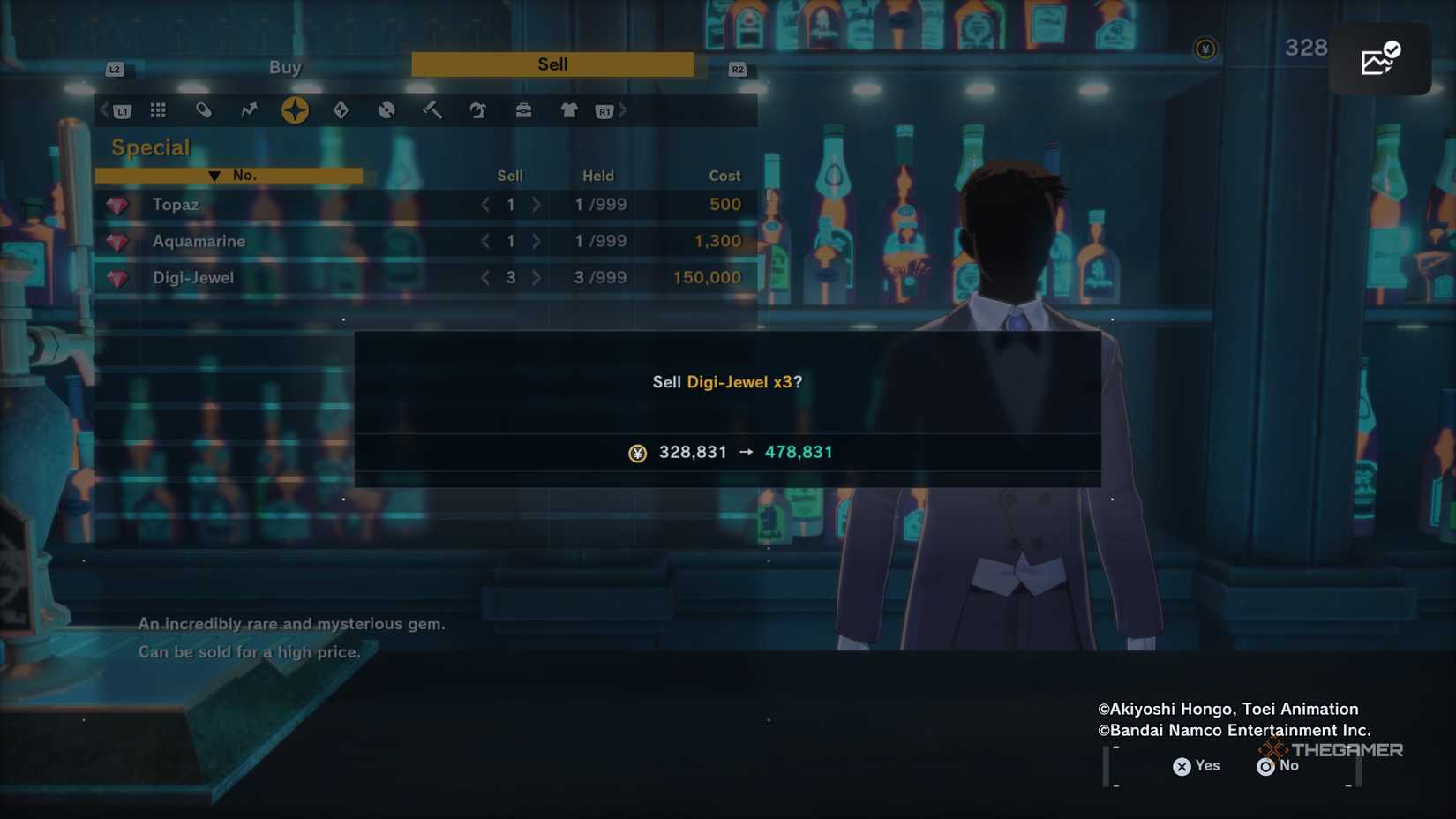 Selling three Digi-Jewels for 150,000 Yen to the shop in the Inbetween Theater in Digimon Story: Time Stranger.