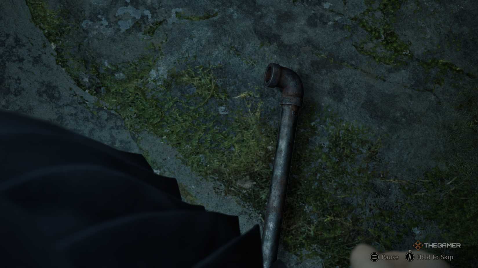 Hinako looking down at a steel pipe in silent hill f.