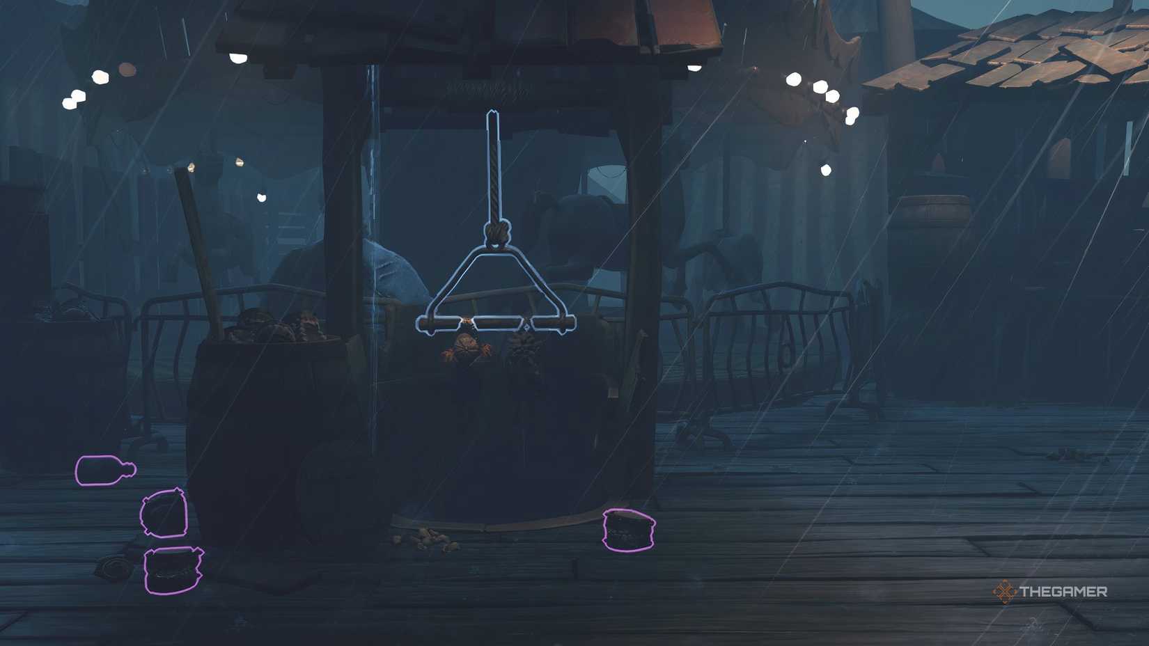 Alone and Low hanging from a handle in a well in Little Nightmares 3.