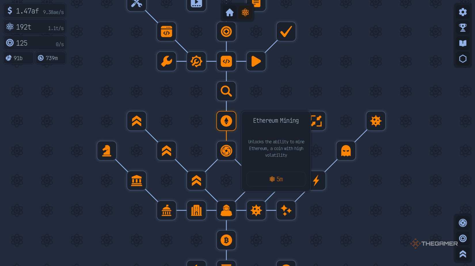 Etherium Mining is highlighted on the research tree for Upload Labs.