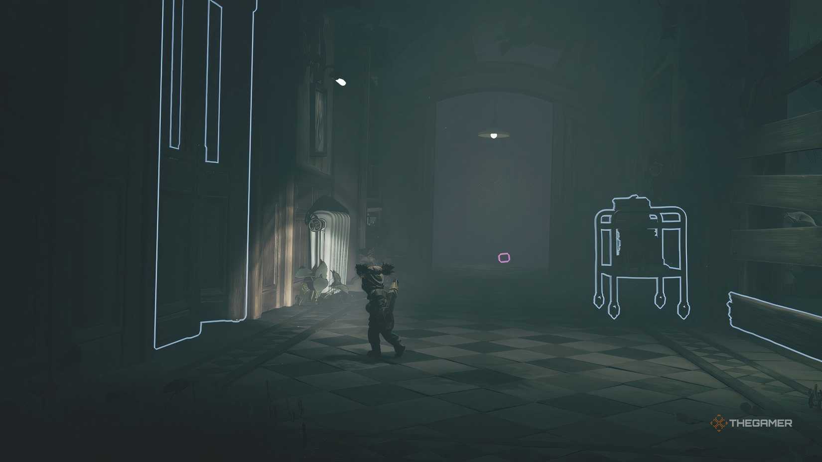 Alone standing in front of a door in Little Nightmares 3.