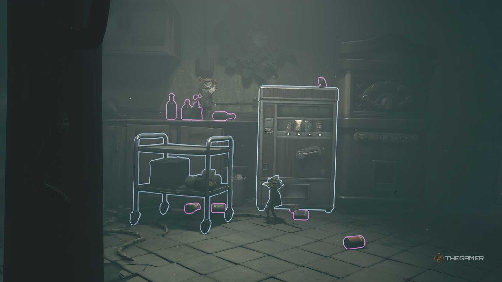 Alone climbing on a cabinet near a vending machine in Little Nightmares 3.