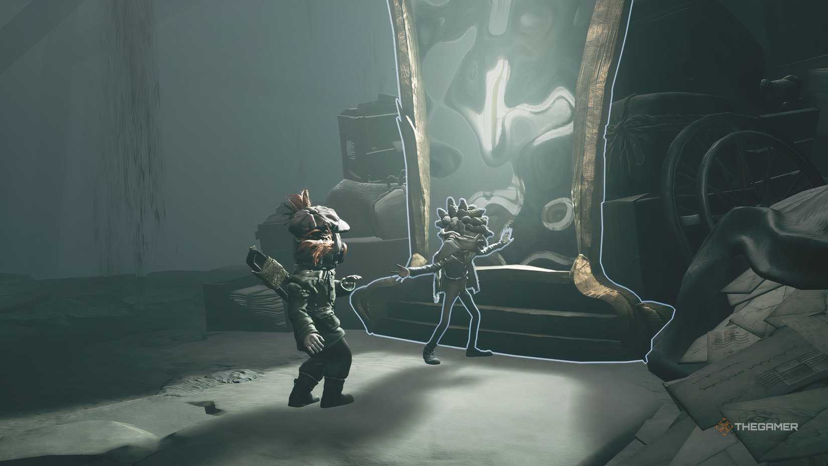 Low attempting to pull Alone through a mirror in Little Nightmares 3.
