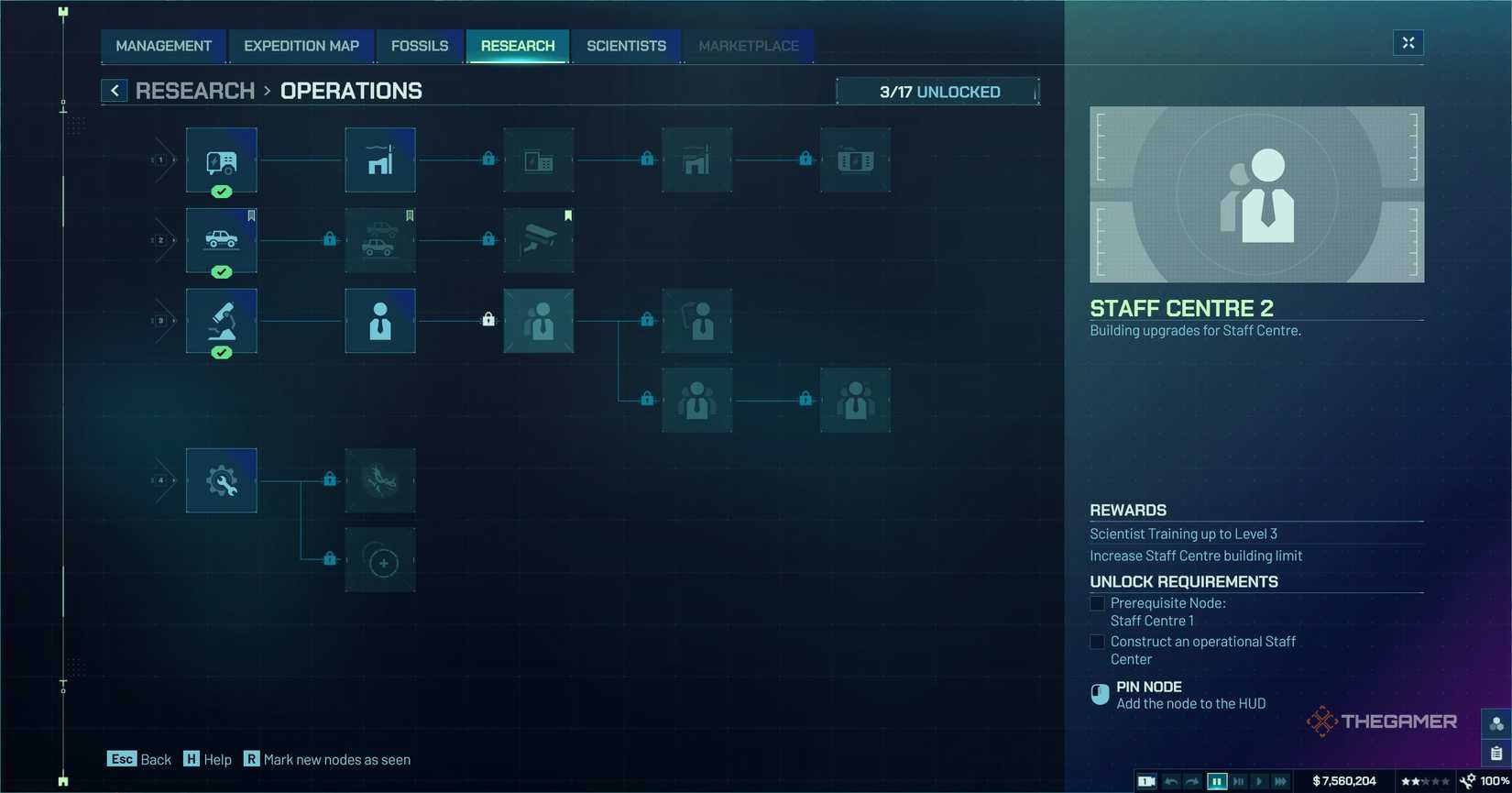 UI Menu in Jurassic World Evolution 3 showing research areas.