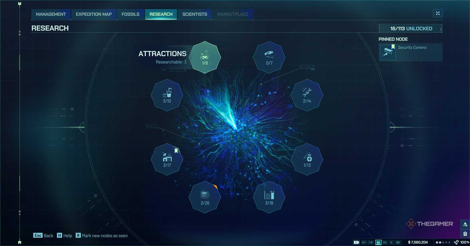 UI Menu in Jurassic World Evolution 3 showing research areas.