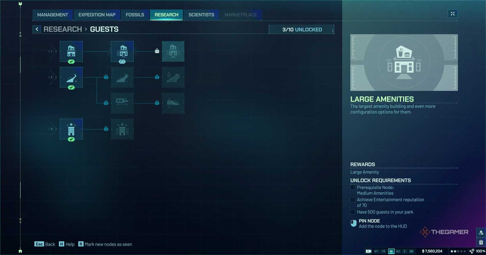 UI Menu in Jurassic World Evolution 3 showing research areas.