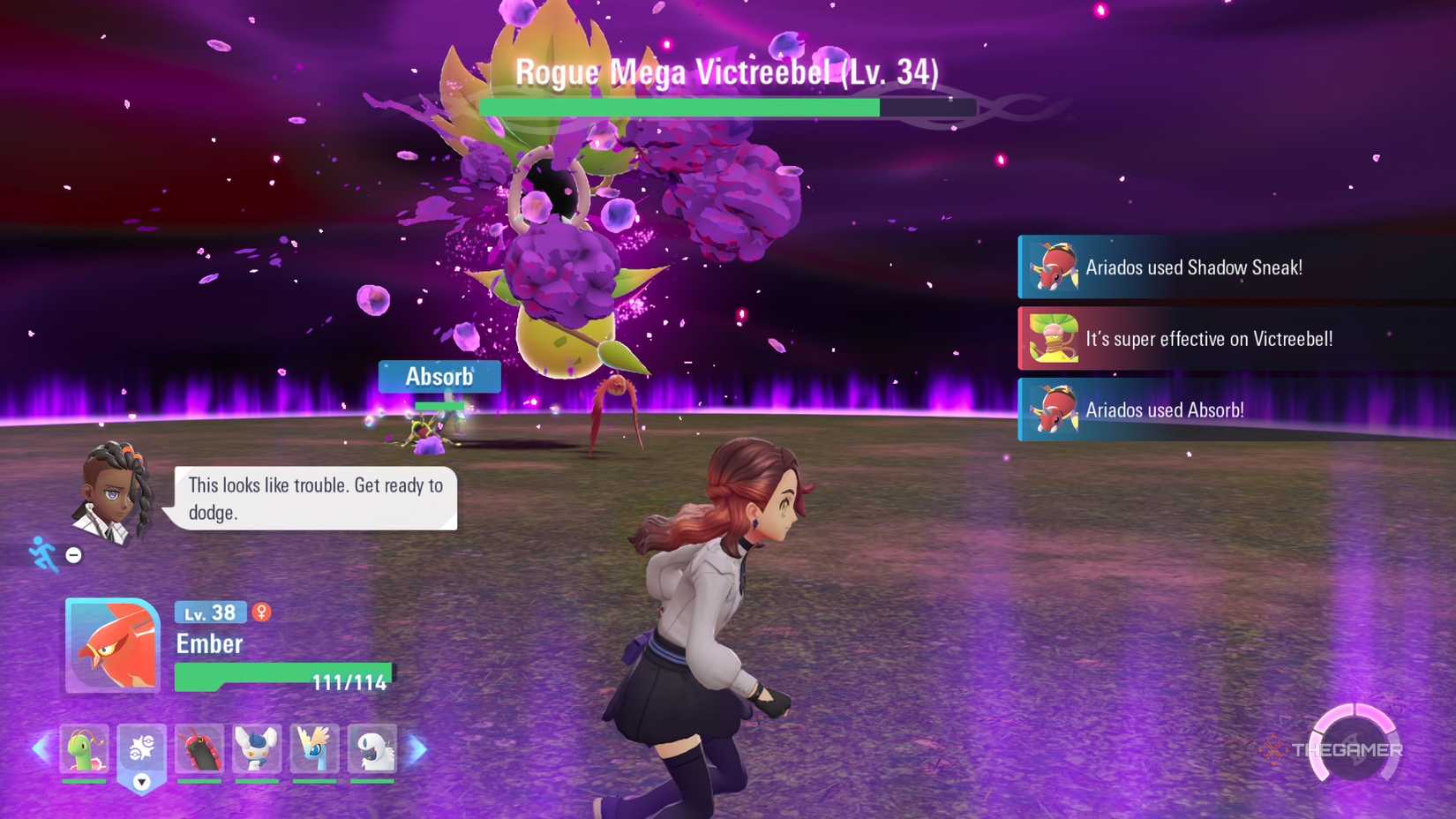 Player runs around to avoid Mega Victreebel's Sludge Bomb in Pokemon Legends: Z-A.