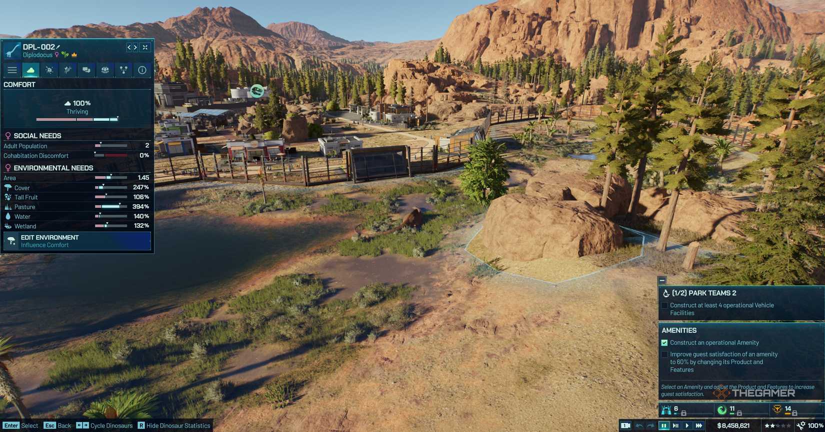 UI interface showing a dinosaur in its exhibit in Jurassic World Evolution 3.