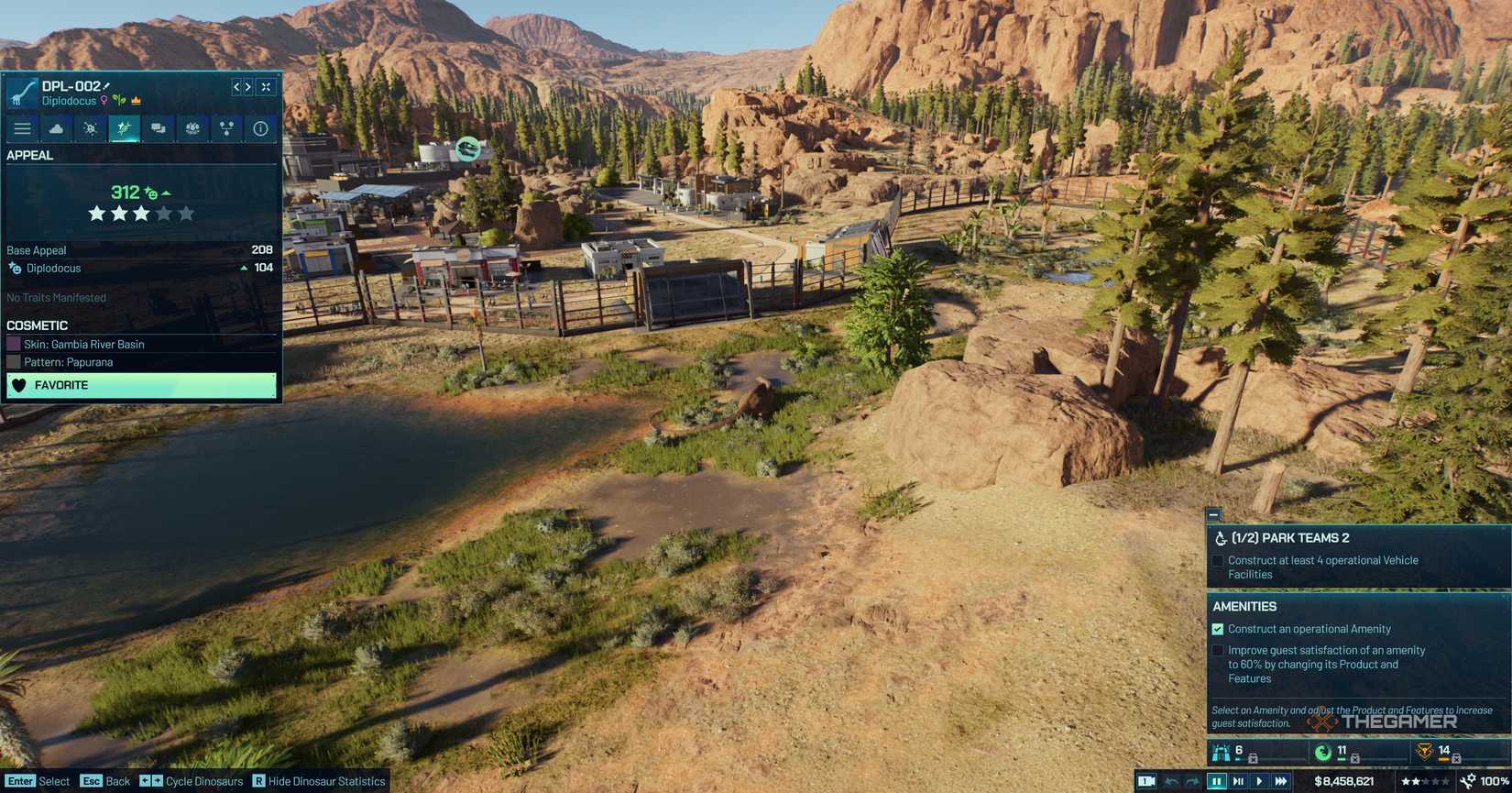 UI interface showing a dinosaur in its exhibit in Jurassic World Evolution 3.