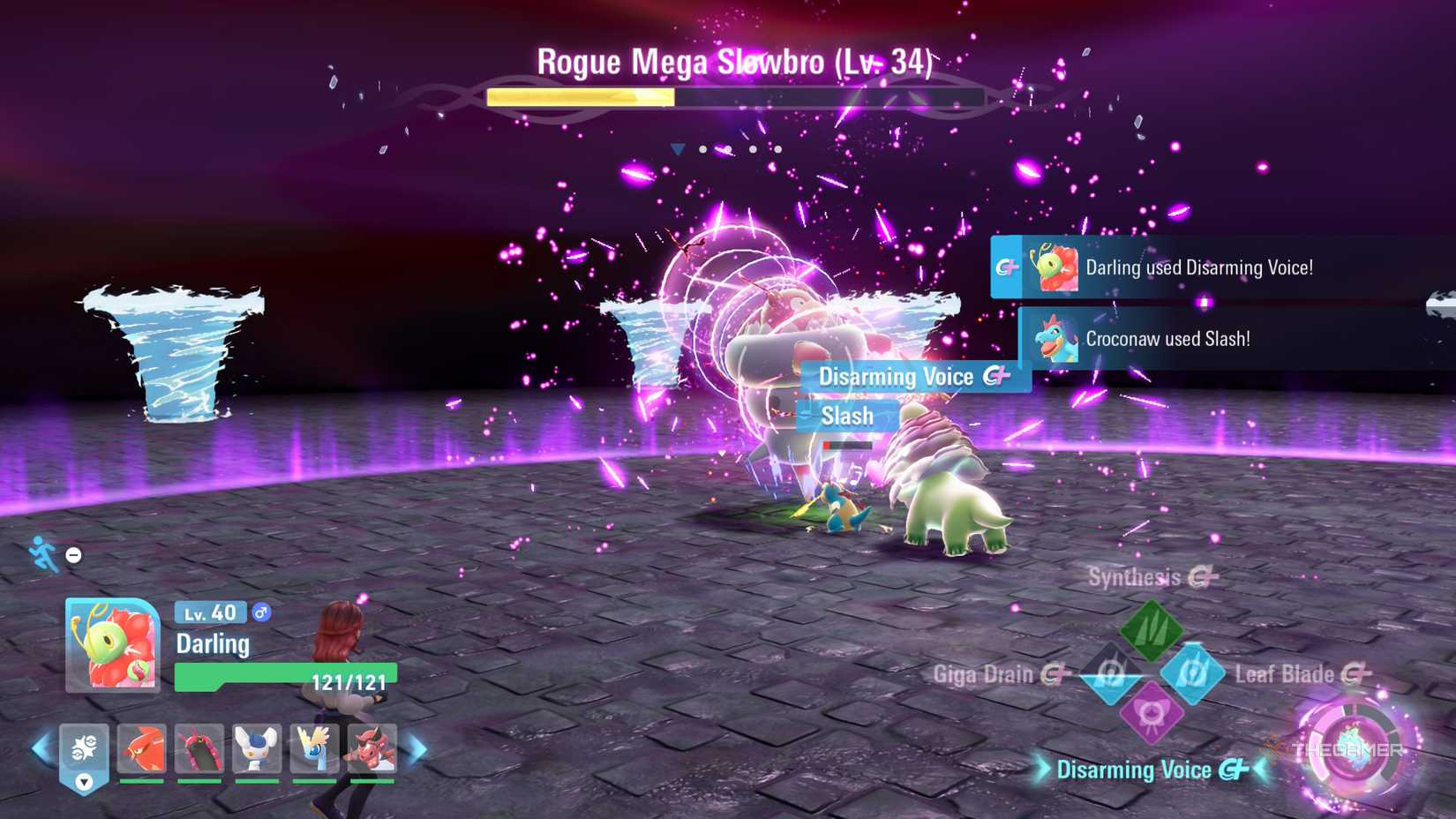 Mega Meganium and Croconaw fight against Mega Slowbro in Pokemon Legends: Z-A.
