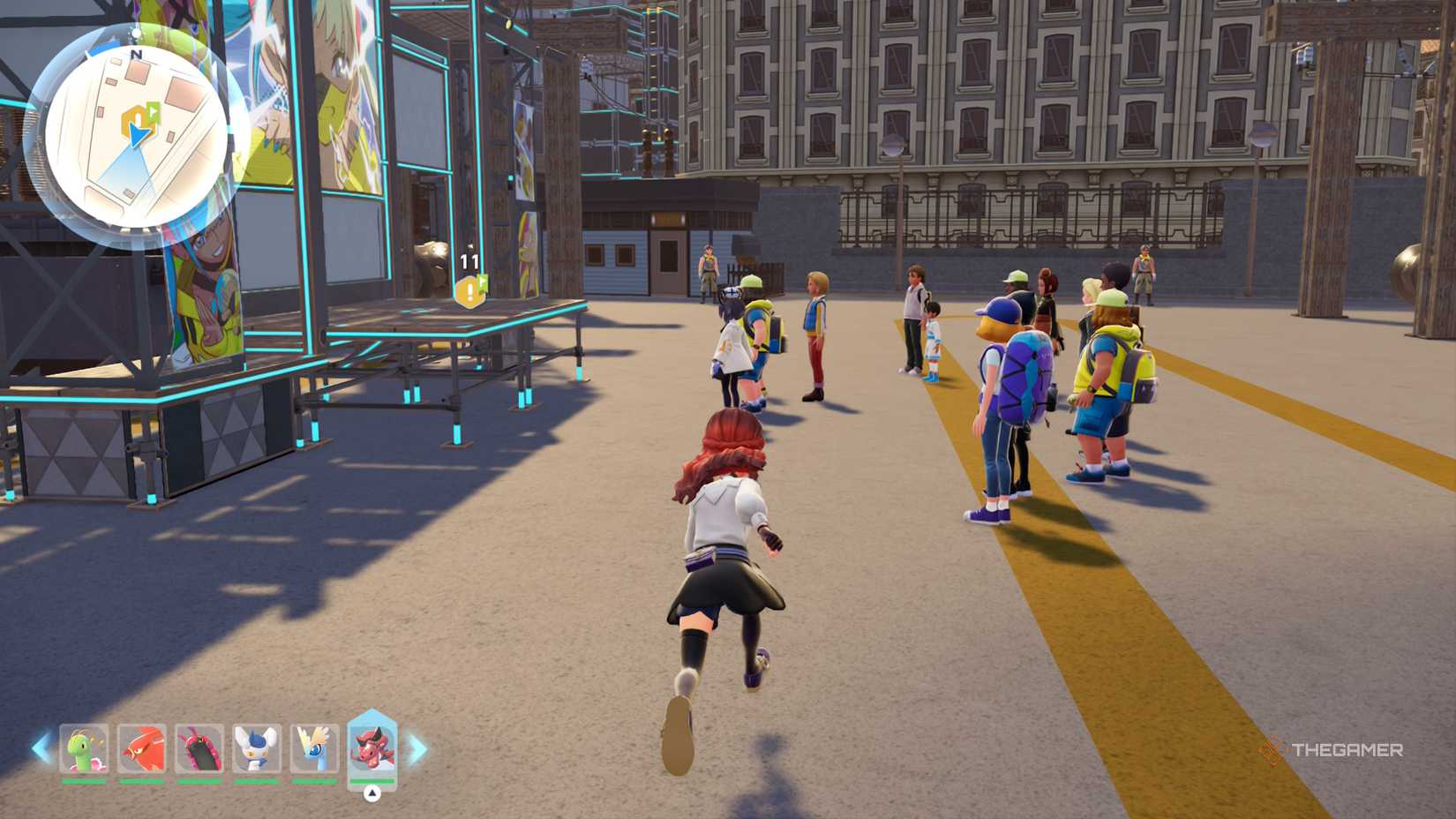Player runs into the group gathered around Canari's quiz show in Pokemon Legends: Z-A.